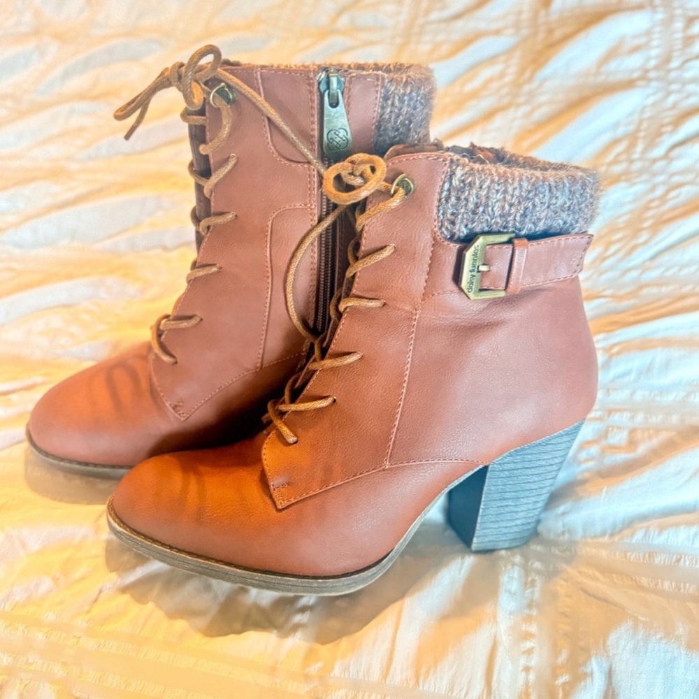 Brown Lace Up Heeled Ankle Boots with Buckle and Knit Details